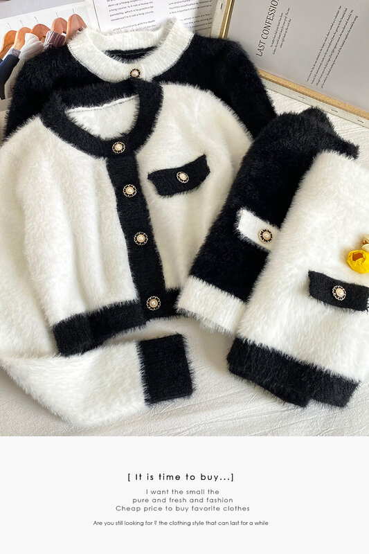 Mantel Sweter Mohair Jahit Warna Kontras Musim Semi Wanita Jaket Kasmir Bulu + Rok Ramping Kardigan Berbulu Setelan Wanita OL 2 Buah/Set