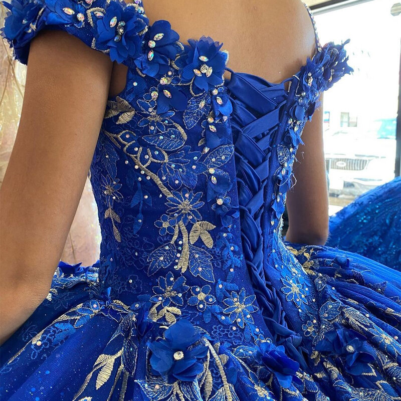 Fora do ombro vestidos Quinceanera, vestido de baile, flores artesanais, cristal espartilho, doce 15 desgaste do partido, azul royal, lantejoulas Beading
