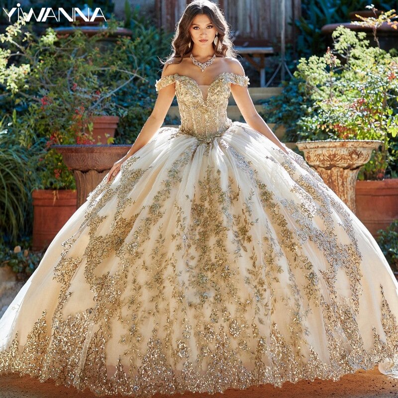 Goldene Pailletten Applikationen Quince anrra Ballkleider elegant von der Schulter Prinzessin lange exquisite süße 16 Kleid Vestidos