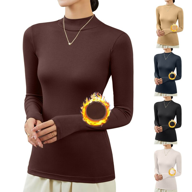 Women's Half High Neck Pullover Long Sleeved Solid Color Thermal Underwear Ladies Tight Warm Slim Fit Basic Stand Up Collar Tops