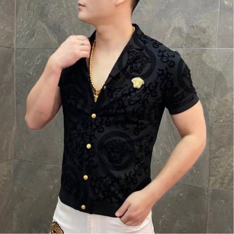 New Summer Men's 2024 Patchwork Turndown Collar Button Printing Fashion Solid Color Slim Fit Comfortable Short Sleeve Shirts
