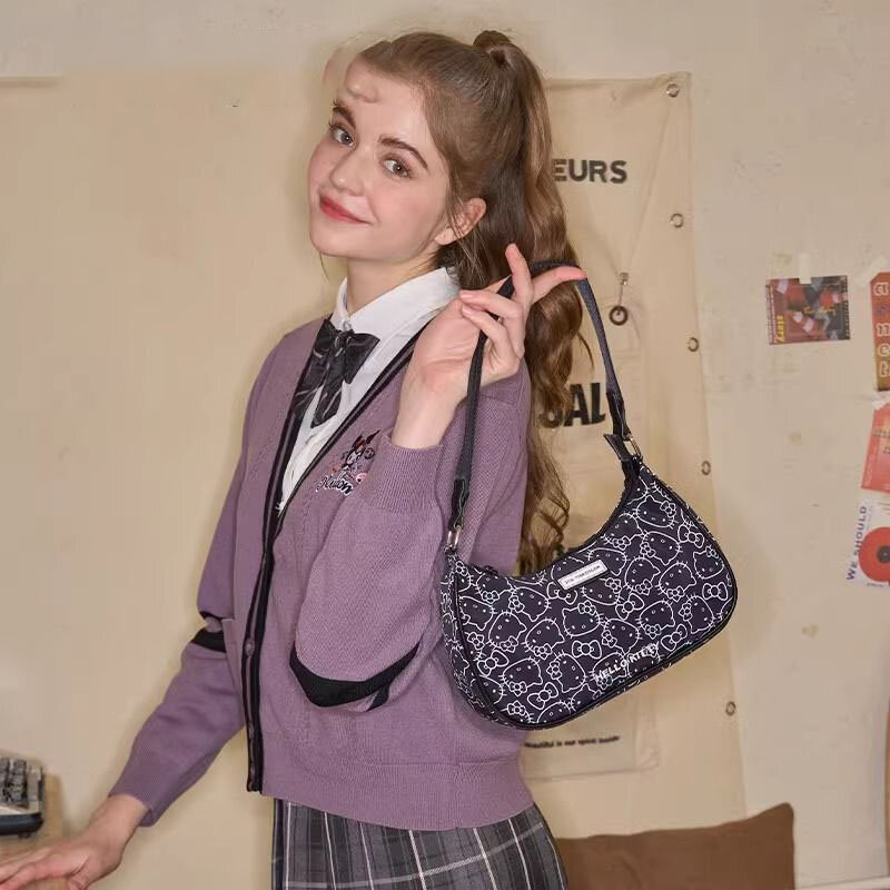 MINISO Sanrio Hellokitty Underarm Bag Retro Girls Waterproof Nylon Kuromi Kawaii Handbag Commuting Versatile Shoulder Hobo Bag