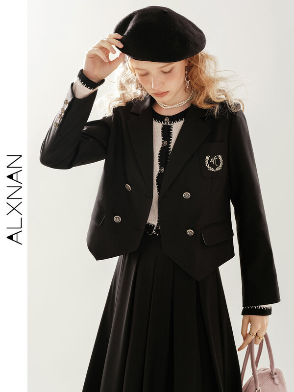 ALXNAN jaket wanita modis kecil setelan atasan 2024 musim gugur hitam pakaian mantel longgar lurus temperamen wanita TM00305