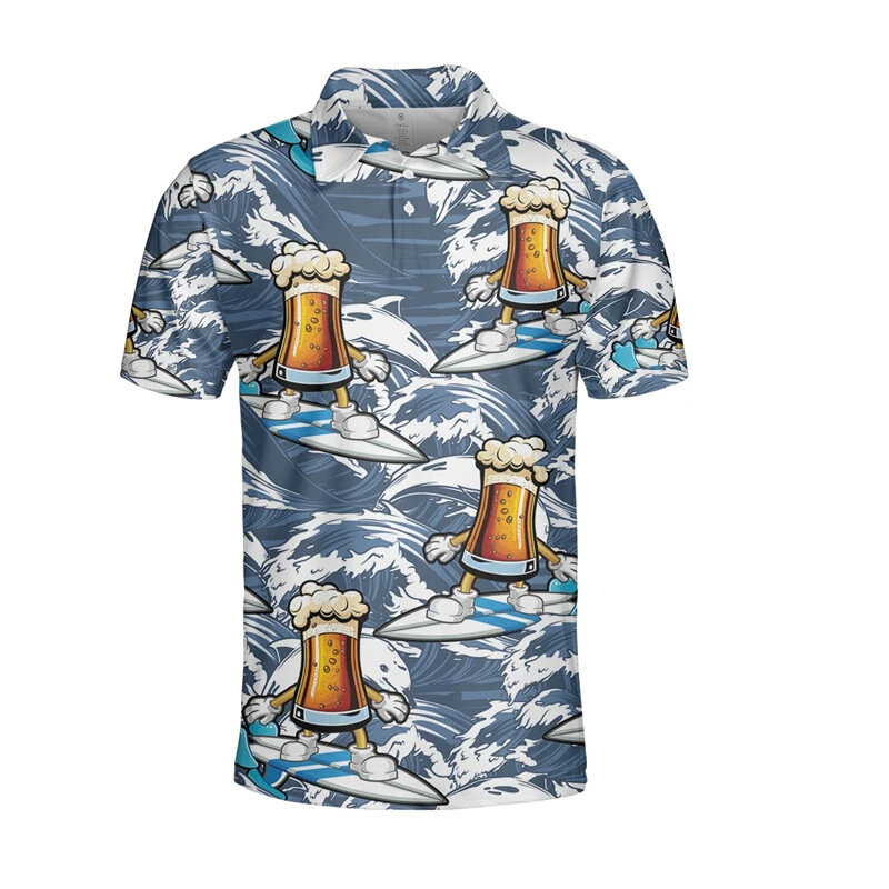 맥주 건배! 남성용 3D 프린트 반팔 폴로 셔츠, 하와이안 단추 폴로 셔츠, 캐주얼 스트리트웨어 상의, 남성 패션