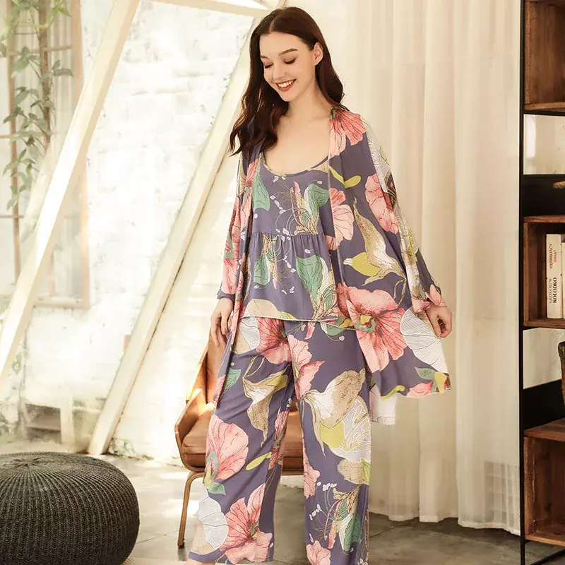 2023 najlepiej sprzedających się damskich luźna cienka piżam zestaw w świeżym stylu z kwiatowym nadrukiem damski elegancki kardigan + temblak + 3 seksowna odzież domowa