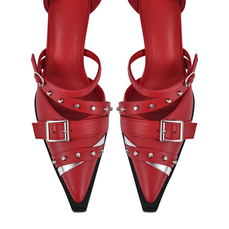 Onlymaker รองเท้าส้นสูงหัวแหลมสีแดงบางสำหรับผู้หญิง, รองเท้าส้นสูงออกงานชุดเดรสปาร์ตี้งานราตรีหัวเข็มแบบหัวเข็มขัดขนาดใหญ่