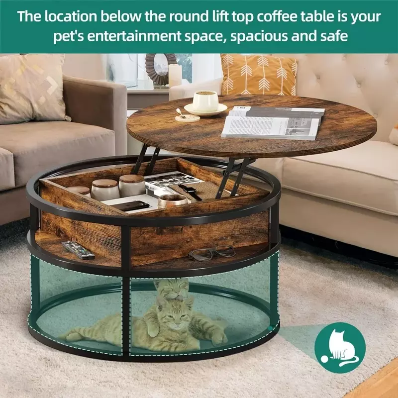 Rustykalne brązowe stoły do jadalni ustawiają okrągłe środkowe stoły do salonu okrągły stolik kawowy z podnośnikiem i schowkiem na kawę do biura domowego