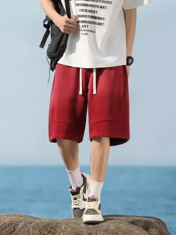 Celana pendek katun berat pria, Bawahan kasual serut olahraga warna gradien Musim Panas 2024