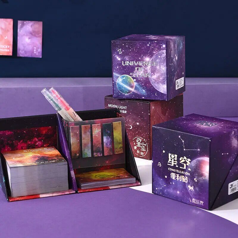 Autocollants de notes ciel étoilé violet créatif, fournitures d'étudiants japonais, jolie boîte à crayons multifonctionnelle, autocollants mémo