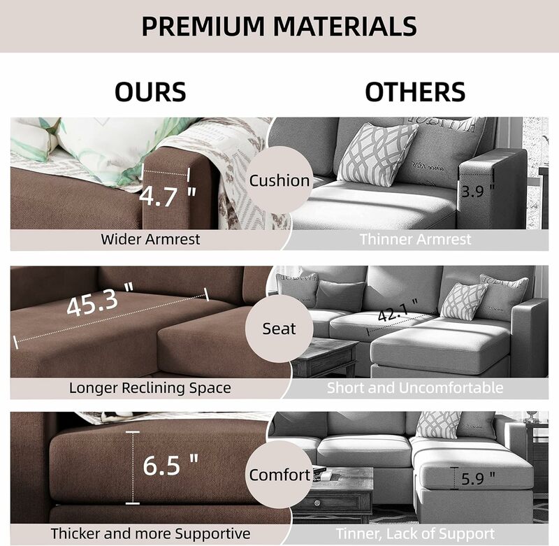 Shintenchi sofa kombinasi konversi, bentuk L dalam kain linen modern, kombinasi sofa 3 dudukan dengan kursi reversibel