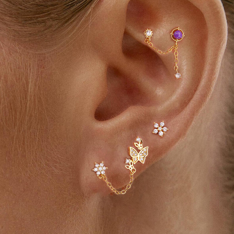 New Arrival Double Ear Studs Tassel Chain Hanging Earrings for Women Flower Butterfly Ear Piercing Earring Luxury CZ Hot Jewelry
