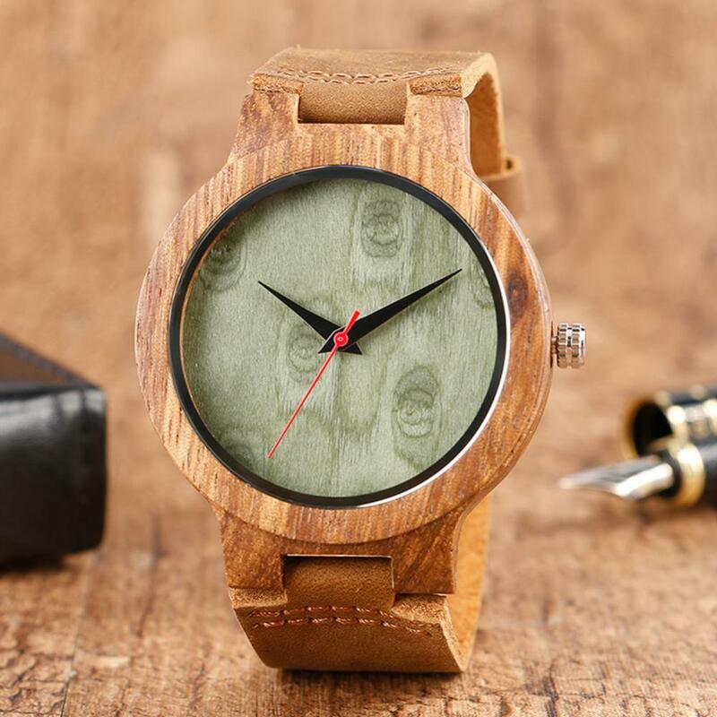 Reloj de pulsera de cuero sintético para hombre y mujer, cronógrafo de madera Natural, esfera redonda, analógico, sin número, informal, Unisex