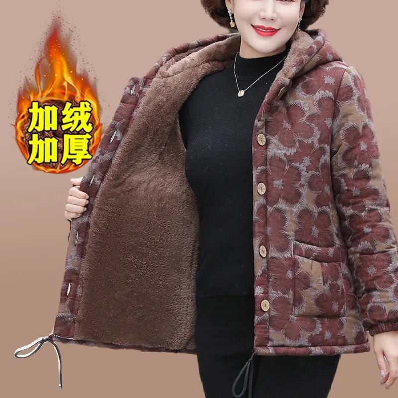 Jaqueta feminina com capuz acolchoado de algodão estampado, casaco de lã quente solto casual de meia idade e idoso, tamanho grande, moda feminina, inverno