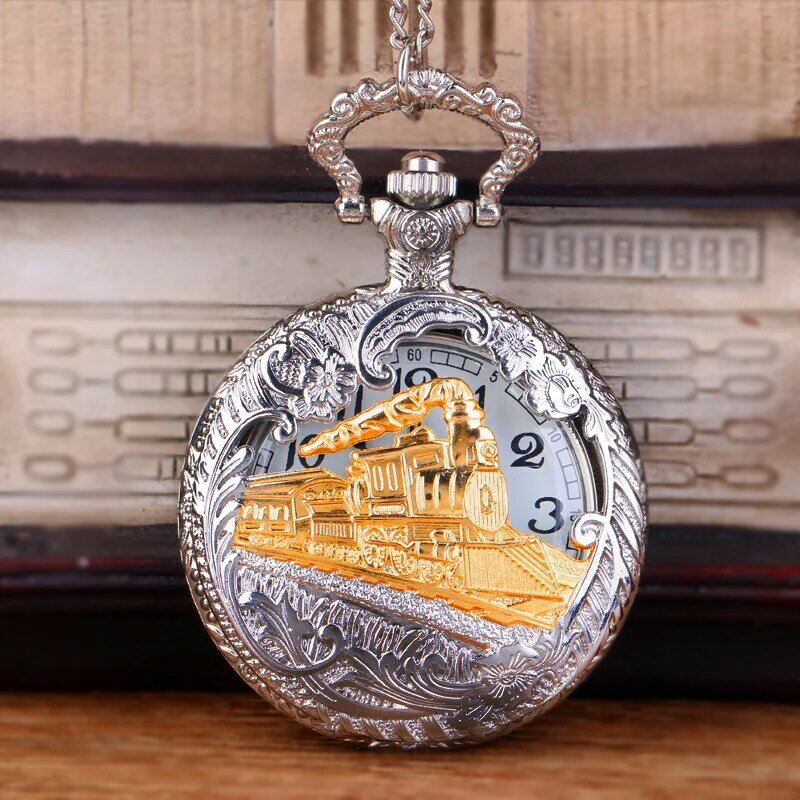 Carved antique steam train design pocket watch men and women chain bracelet retro quartz pendant watch
