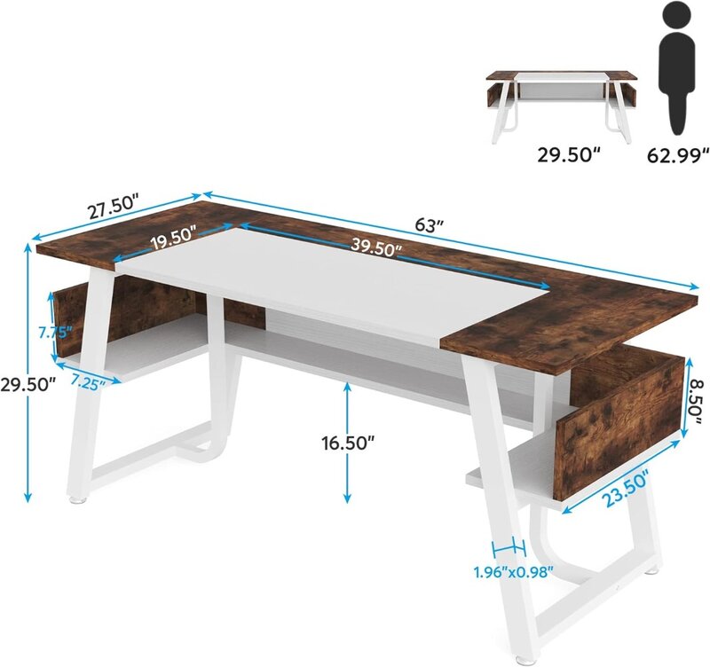 Tribesigns โต๊ะทำงานในสำนักงาน, โต๊ะทำงานคอมพิวเตอร์ขนาดใหญ่63นิ้วพร้อมชั้นวางของโมเดิร์นเรียบง่ายเวิร์กสเตชัน