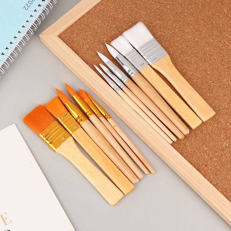 Escovas de aquarela portátil com cabo de madeira, pincel, caneta para aprender, ferramentas de pintura acrílica a óleo, 6pcs