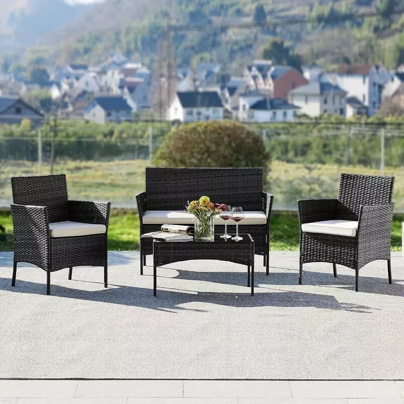 Zestaw mebli tarasowych 4 sztuki, meble wiklinowe zewnętrzne ze stolikiem kawowym, nowoczesne rattanowe krzesła ogrodowe zestawy konwersacyjne z sofą
