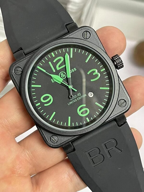 Br-男性用自動機械式時計,茶色の革,黒いゴム,46mm,aaa時計,大型時計,トップブランド