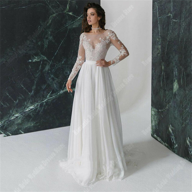 Elegantly V-Neck Long Sleeves Wedding Dresses Bright Tulle Backless Bridal Gowns A line Mopping Length Women Vestidos De Novias