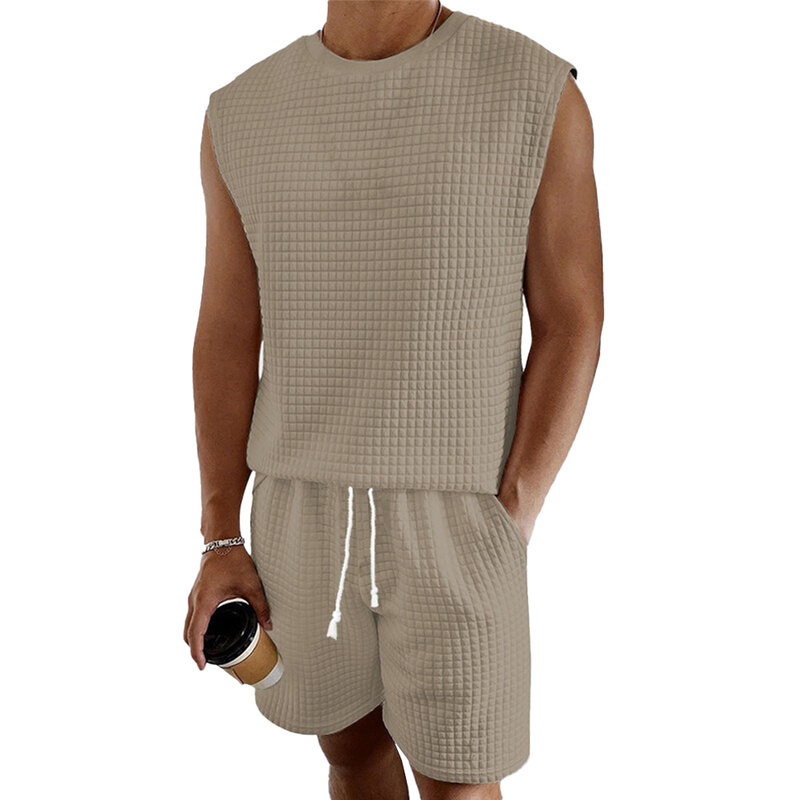 GlaMen-Ensemble de 2 pièces de shorts à col rond en polyester pour homme, haut de sport léger et décontracté, couleur unie, idéal pour l'été