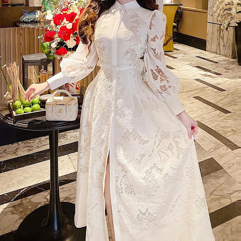 2024 New In Spring/Autumn Lace Long Women Evening Dress Hollow Embroidery Formal Party Dress Prom Dress Puff Sleeve Niche Design