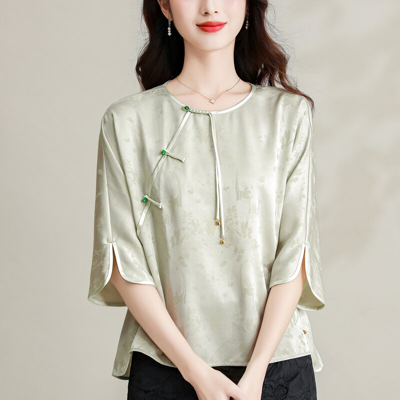 Camicie da donna in raso primavera/estate fiore camicette in stile cinese sciolto Vintage donna top abbigliamento moda YCMYUNYAN