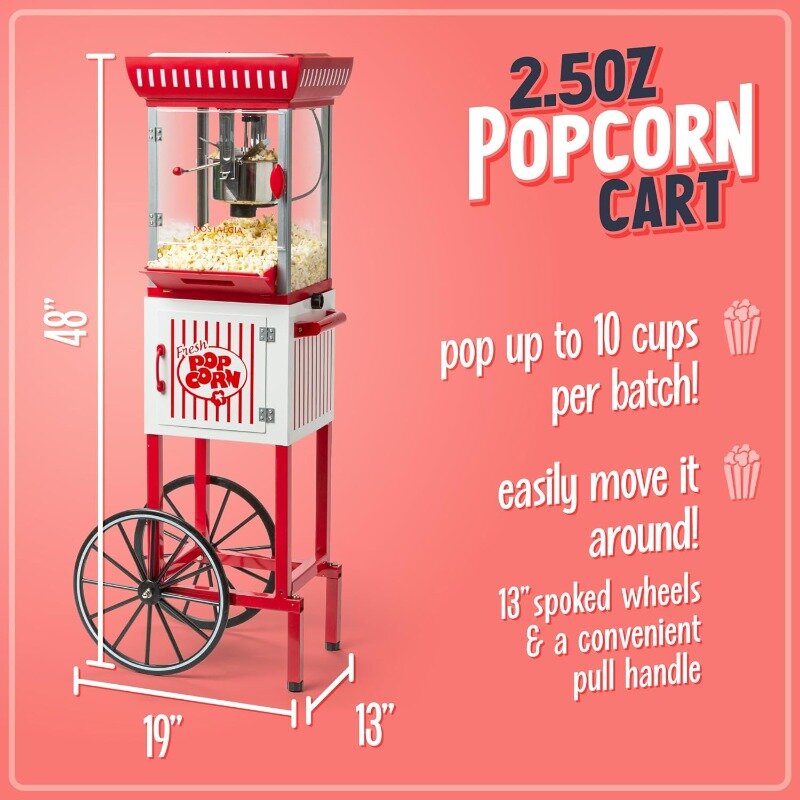 Nostalgia Popcorn Maker Machine - Professional Cart With 2.5 Oz Kettle Makes Up to 10 Cups - Vintage Popcorn Machine