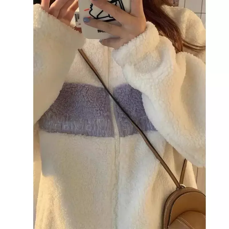 Casaco de lã de cordeiro feminino com zíper, top manga comprida, velo de cordeiro solto, casacos de veludo quente inverno, casaco grosso feminino, 2023