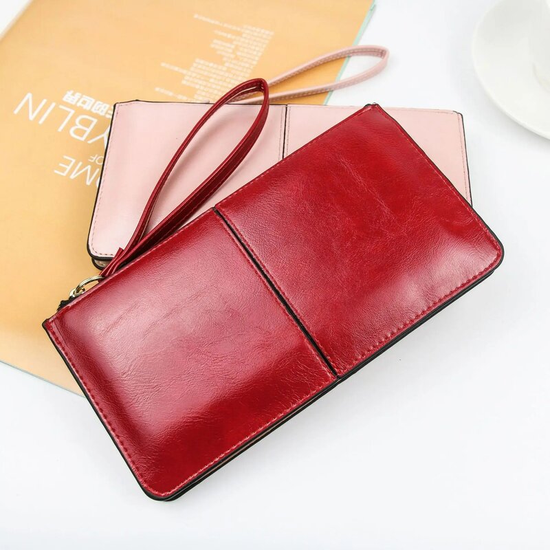 Ladies Long Wallet Casual Phone Bag Zipper Multilayer Oil Wax Leather Ladies Handbag Shopping Coin Purse Card Holder