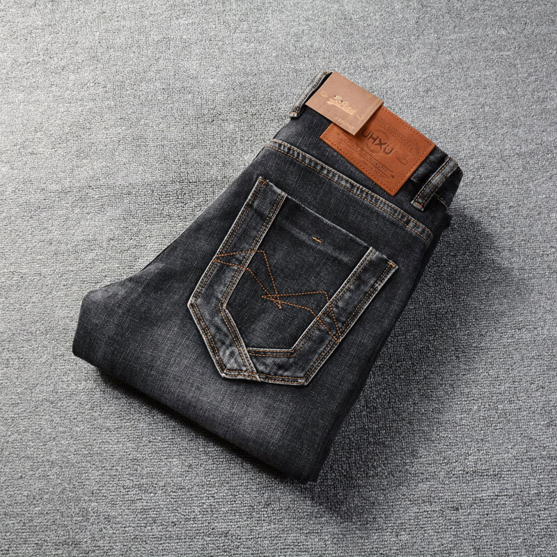 Włoski styl modne dżinsy męskie Retro czarny szary rozciągliwe dopasowanie pasuje porwane jeansy męskie spodnie Vintage designerski spodnie dżinsowe Hombre