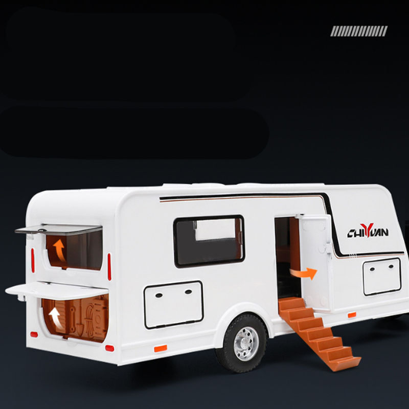 Alloy Trailer RV Truck Car Model, Diecast Metal, Recreational Off-Road Vehicle, Camper Car Model, Som e Luz, Presente Toy Kids, 1:32