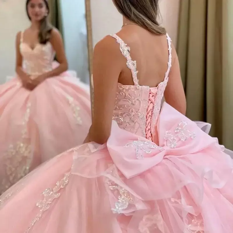 Pink Spaghetti Strap Princess Quinceanera Dresses Ball Gown Appliques 3D Flowers Sweet 16th Princess Party Vestidos De 15 Anos