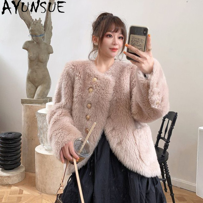 AYUNSUE-Chaqueta de lana de oveja para mujer, abrigo de piel con cuello redondo, prendas de vestir exteriores, 100%, otoño e invierno, 2023