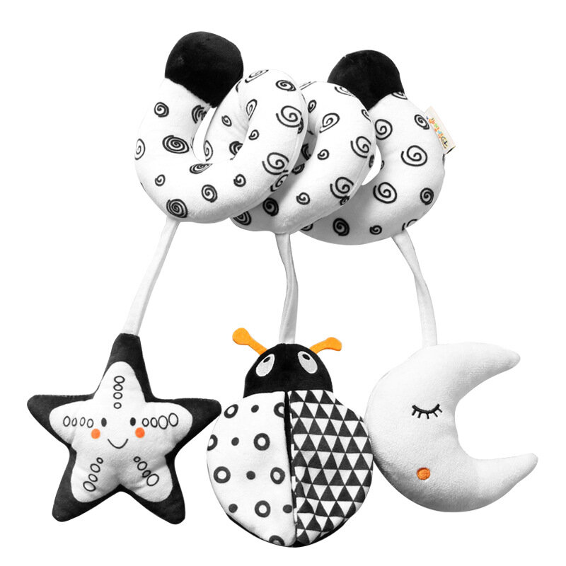 Infant Baby Hanging Spiral Plush Toy: Car Seat, Crib Mobile, Stroller Bar - Black and White Color with Rattles and BB Squeaker