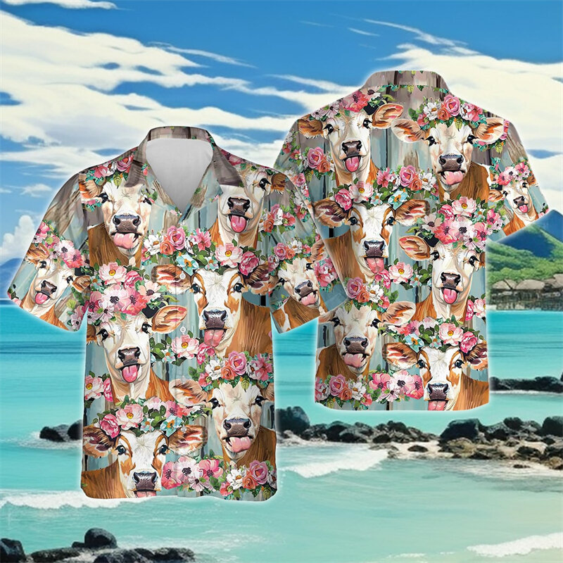قمصان رجالية قصيرة الأكمام برسومات البقر ، قميص شاطئ بزهرة هاواي ، بلوزات عصرية هاراجاكو ، قمم نسائية جميلة