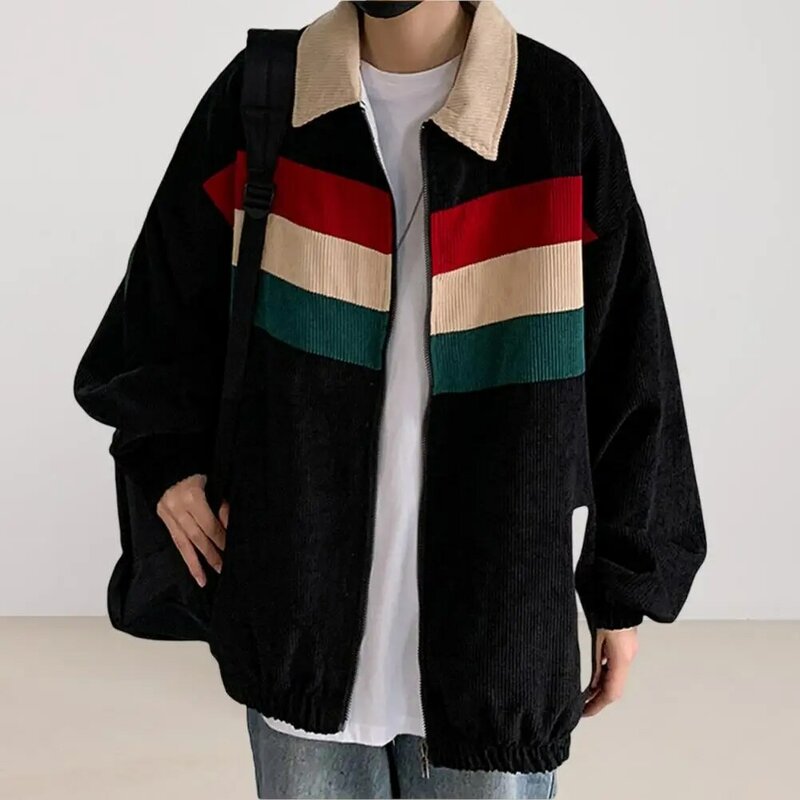 Jaqueta masculina de veludo longo, casaco Windproof, cor de emenda, casual, grossa, quente, popular, primavera, outono