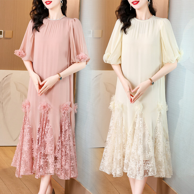 Dress Midi wanita, Gaun Midi bordir manik-manik motif bunga mewah musim panas model Korea elegan longgar untuk wanita