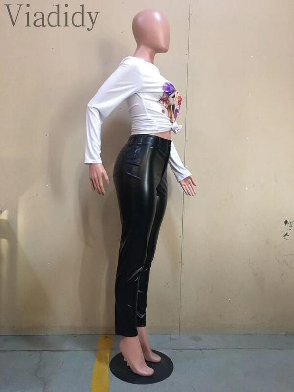 ผู้หญิง Casaul Slim สูงเอว PU หนังปุ่มกางเกง