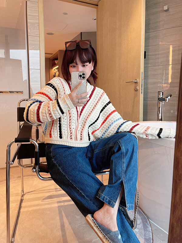2023 Women New Spring O-neck Vintage Crop Striped Knitwear Loose Long Sleeve Design Knitted Pullover Sweater Streetwear Fashion