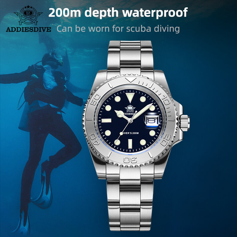 ADDIESDIVE nowy 41mm kwarcowy zegarek dla mężczyzn ze stali nierdzewnej Sport Luminous 20 ATM zegarek wodoodporny Reloj Hombre