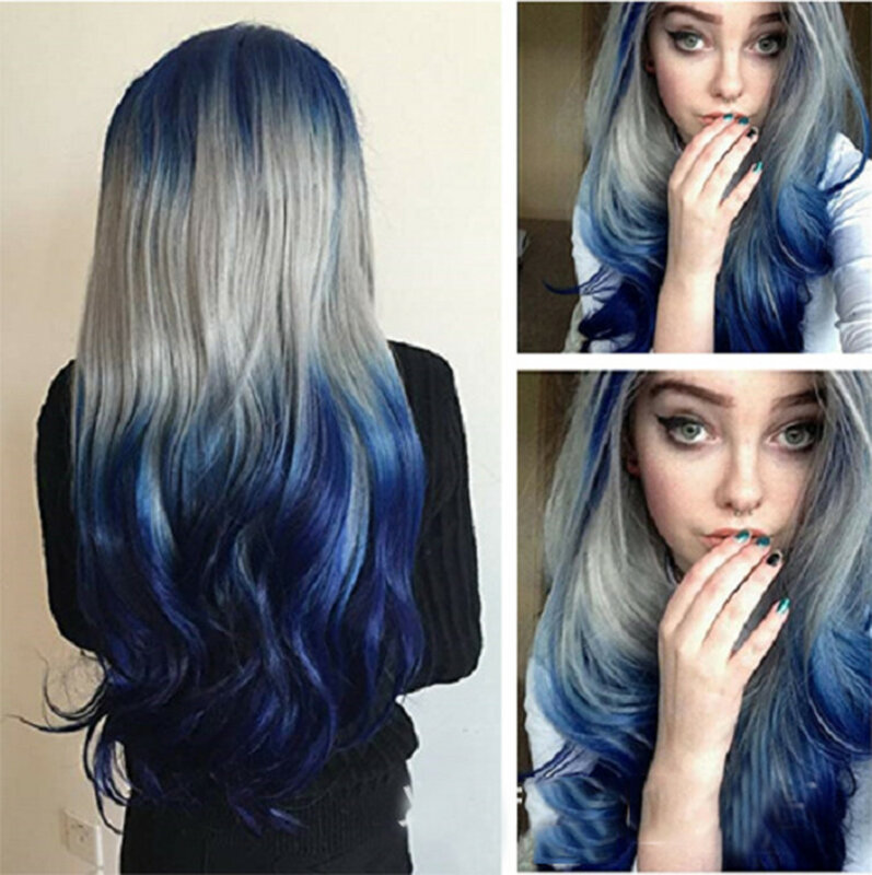 Lange lockige Haare Perücken mittel geteilt gefärbte Farbverlauf lila blaue Perücke Modetrend All-Match-Party Cosplay große Wellen flauschige Perücken
