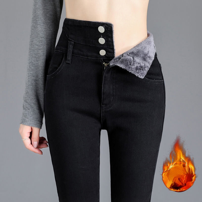Calça jeans feminina de veludo grosso e cintura alta, calça lápis feminina, jeans casual, quente, slim fit, stretch, velo simples, inverno