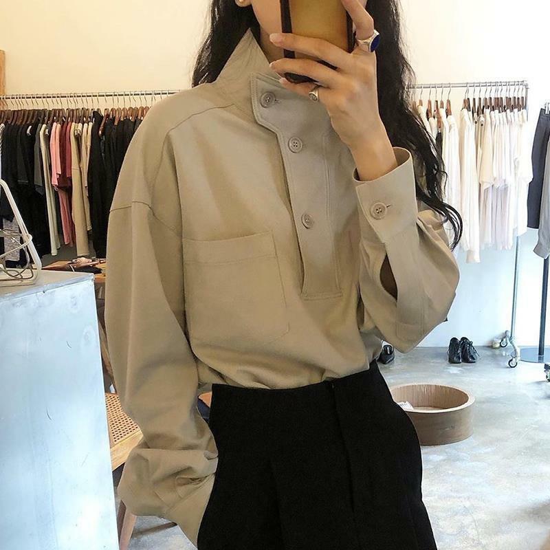 Qweek harajuku chique mulher blusas estilo coreano camisa preta oversized elegante escritório wear senhoras manga longa superior casual outerwear