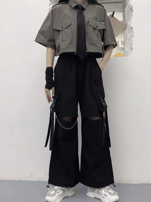 Celana Kargo Wanita Streetwear Gothic HOUZHOU dengan Rantai Pakaian Teknologi Punk Hitam Fashion Korea Celana Panjang Kaki Lebar 2021 Alt