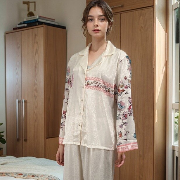 Conjunto de pijama de seda fría y transpirable para mujer, ropa de dormir de manga larga, holgada, fina, con mariposas, para el hogar, 2024