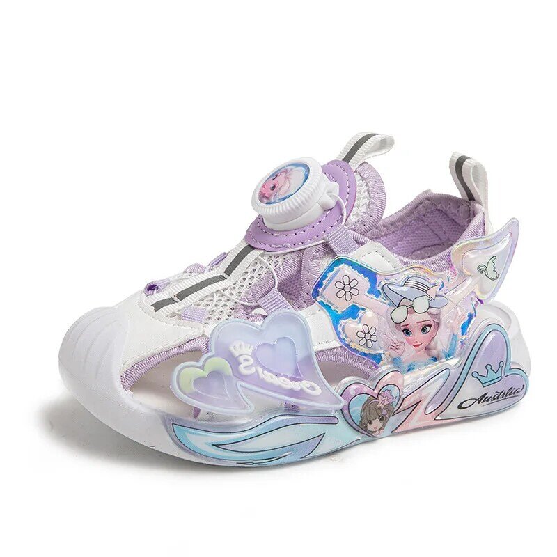 Disney Children Shoes Summer New Elsa Girls Mesh Beach Sandals Fashion Ins Frozen Princess Soft Bottom Light Sandals Size 26-37