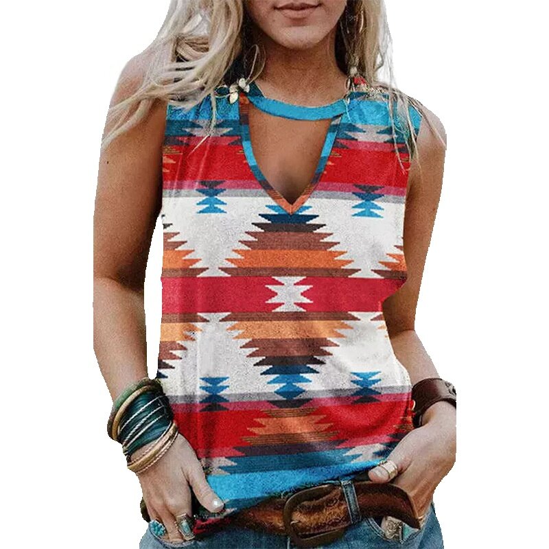 New Hollow Out Neckline Tank Top For Women Personalized Geometric Printing Loose Relaxed Sleeveless