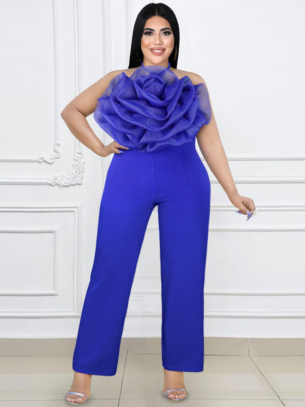 Ontinva ชุดจั๊มสูทปาร์ตี้สำหรับผู้หญิงชุดจั๊มสูทเอวสูงกางเกงขาม้ายาวเปิดหลังสีน้ำเงินชุดติดกันแบบใหม่4XL ขนาดพิเศษ2024