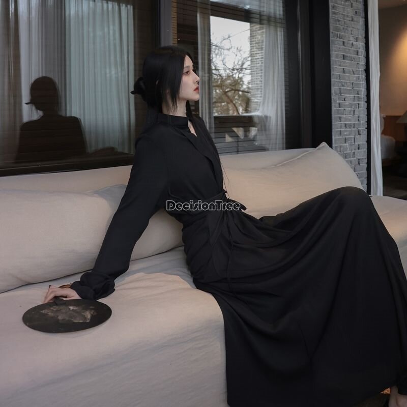 Vestido de cintura com renda estilo chinês, vestido de emenda manga comprida elegante retrô arte do chá, monocromático, hanfu melhorado, 2024