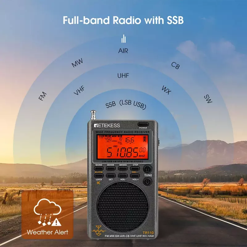 Retekess TR110 Portátil SSB Rádio FM MW SW LSB AIR CB VHF UHF Banda Completa NOAA Alerta Receptor de Rádio Digital para Exterior